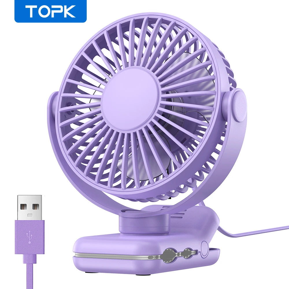 TOPK Mini Portable Clip Fan USB Desk Fan 3 Speeds Quiet Wind 720 Rotate
