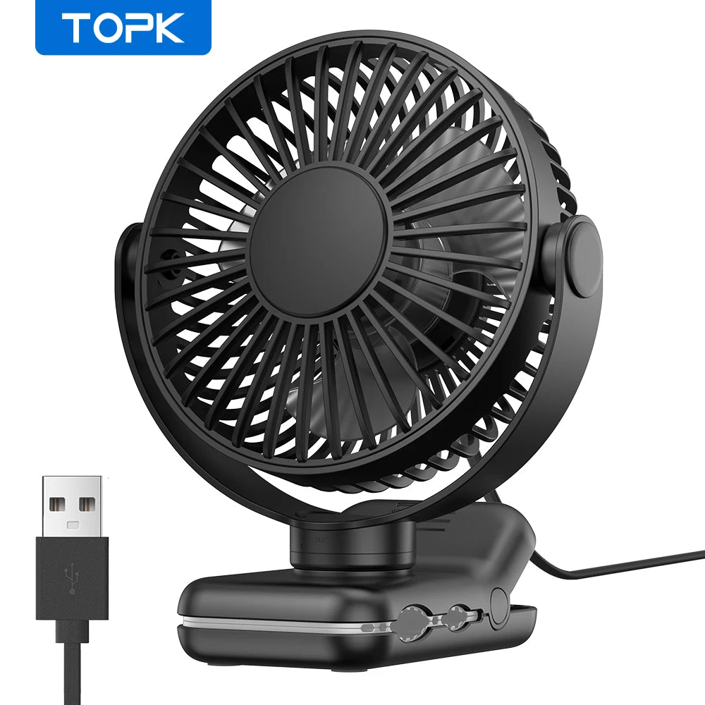TOPK Mini Portable Clip Fan USB Desk Fan 3 Speeds Quiet Wind 720 Rotate