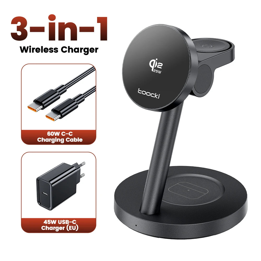 Toocki 3-in-1 Magnetic Wireless Charger 25W Qi2.2 Fast Charging Desktop