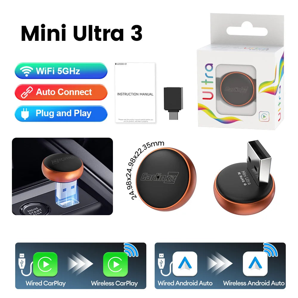 CarlinKit MIni Ultra 3 Wireless CarPlay Adapter 2026 2 IN 1 Android Auto