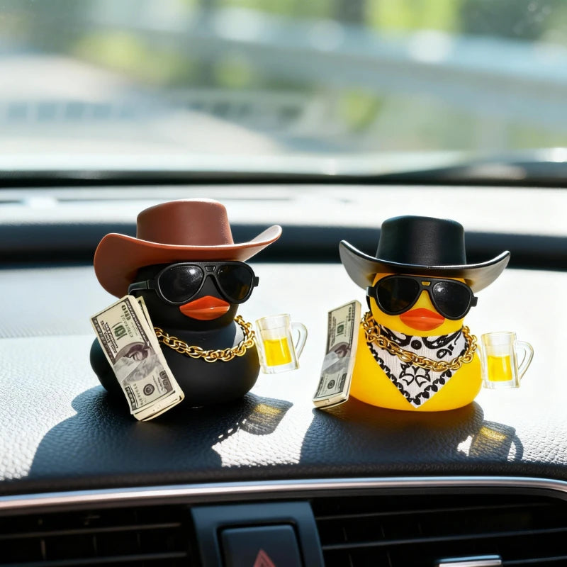 Cute Fortunate Rich Duck Car Dashboard Yellow Black Duck with Cowboy Hat