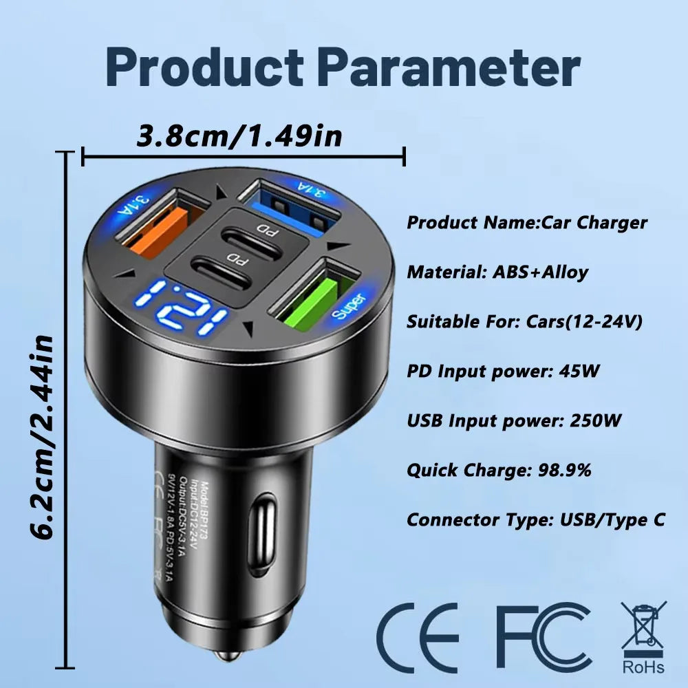 250W 5-in-1 PD QC3.0 Car Charger Fast Charging USB C for IPhone,Samsung