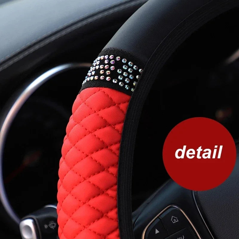 Car Steering Wheel Cover 37-38cm Leather Embroidered Color Diamond-Studded