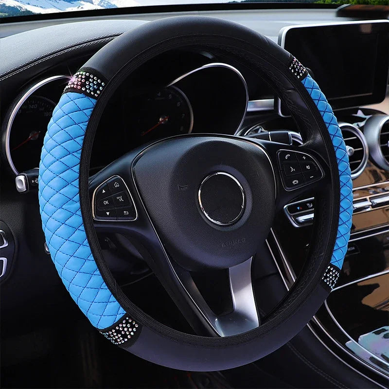 Car Steering Wheel Cover 37-38cm Leather Embroidered Color Diamond-Studded
