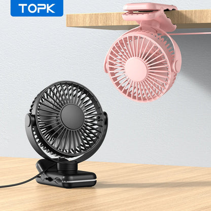 TOPK Mini Portable Clip Fan USB Desk Fan 3 Speeds Quiet Wind 720 Rotate