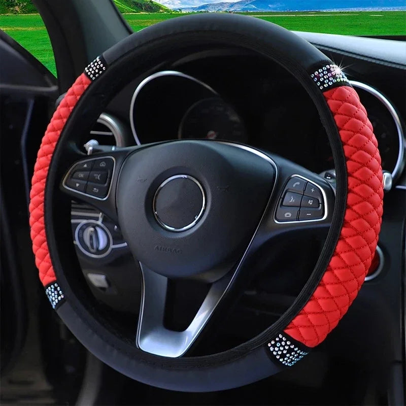 Car Steering Wheel Cover 37-38cm Leather Embroidered Color Diamond-Studded