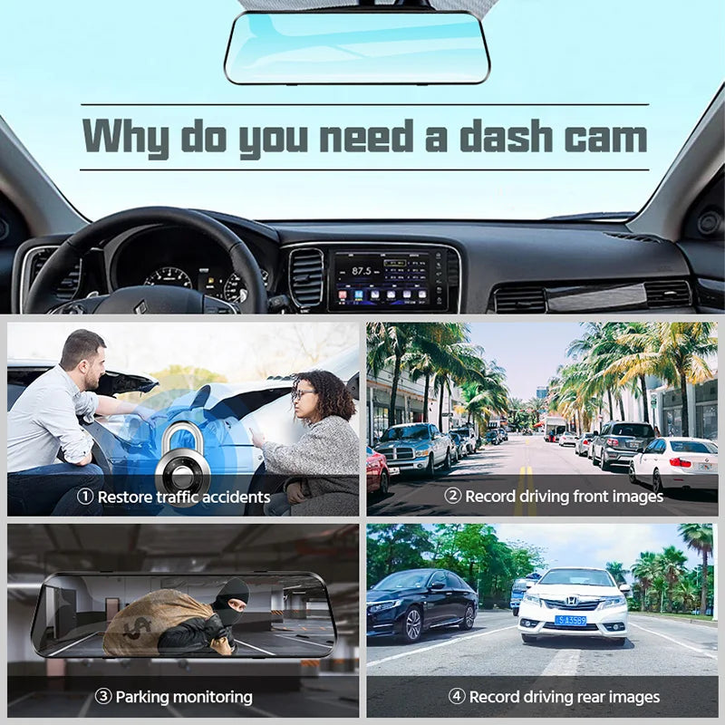 10 Inch Car DVR Car Touch Screen Video Recorder Dual 1080P Rearview Mirror