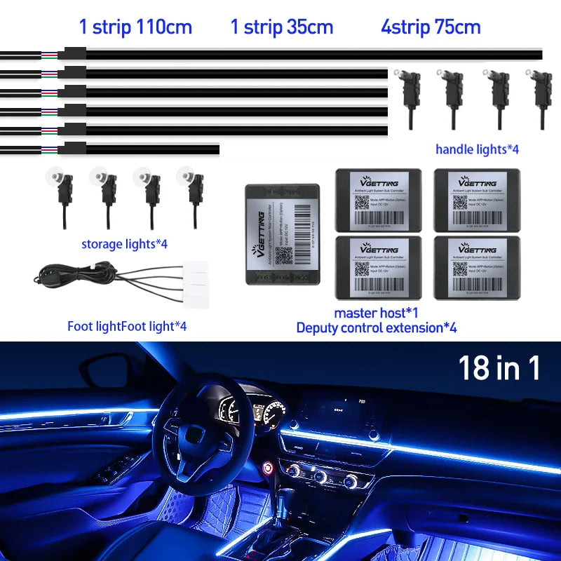 Full Color Streamer Car Ambient Lights RGB 64 Color LED Interior Hidden