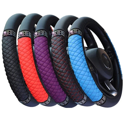 Car Steering Wheel Cover 37-38cm Leather Embroidered Color Diamond-Studded