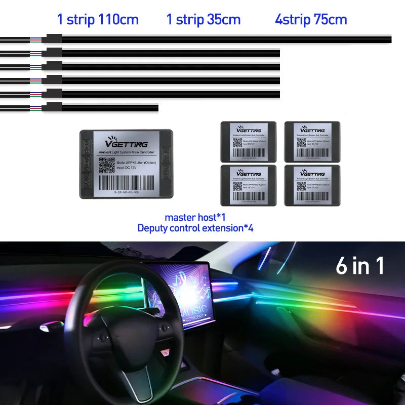 Full Color Streamer Car Ambient Lights RGB 64 Color LED Interior Hidden