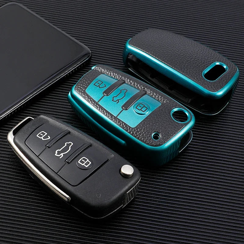 Leather TPU Car Folding Key Cover Case for Audi A3 8L 8P A4 B6 B7 B8 A6 C5