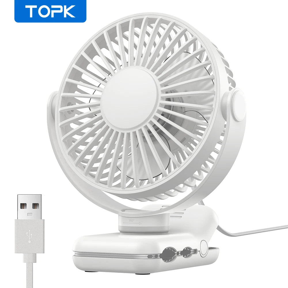 TOPK Mini Portable Clip Fan USB Desk Fan 3 Speeds Quiet Wind 720 Rotate