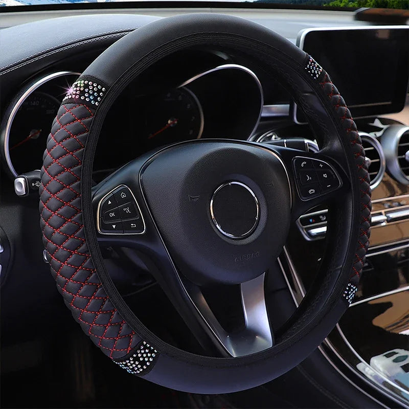 Car Steering Wheel Cover 37-38cm Leather Embroidered Color Diamond-Studded