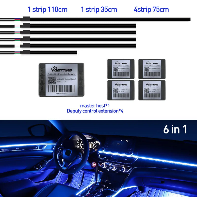 Full Color Streamer Car Ambient Lights RGB 64 Color LED Interior Hidden