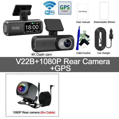 UHD 4K WiFi Dash Cam Dual Lens Driving Recorder Car DVR Optional 1080P Rear