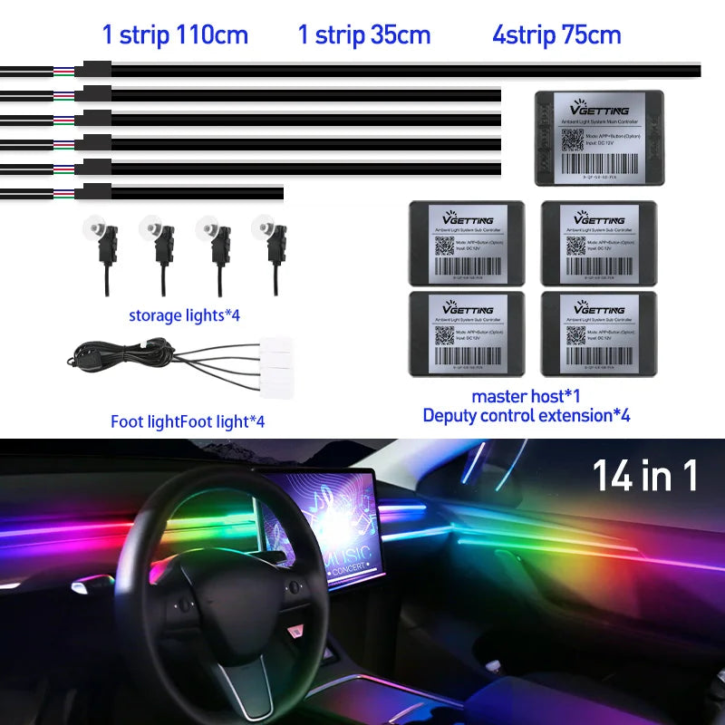 Full Color Streamer Car Ambient Lights RGB 64 Color LED Interior Hidden