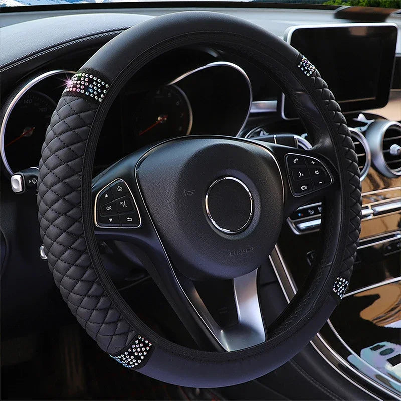 Car Steering Wheel Cover 37-38cm Leather Embroidered Color Diamond-Studded