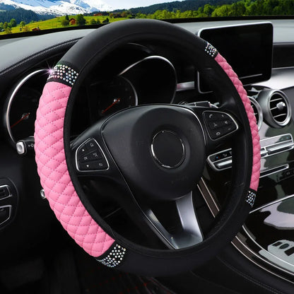 Car Steering Wheel Cover 37-38cm Leather Embroidered Color Diamond-Studded