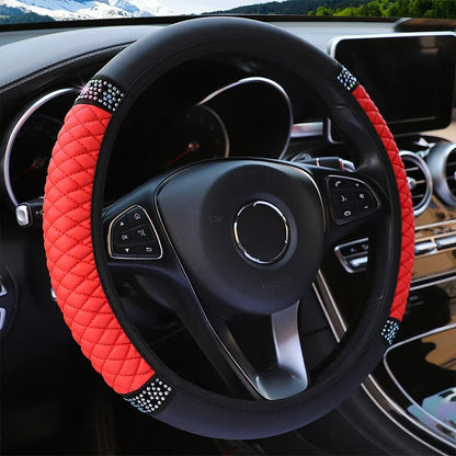 Car Steering Wheel Cover 37-38cm Leather Embroidered Color Diamond-Studded