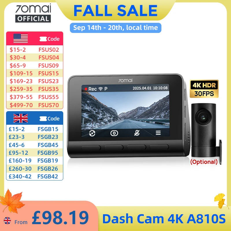 70mai A810S 4K Dash Cam IMX678 Dual HDR Supercapacitor 4G LTE Remote