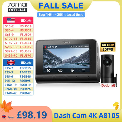 70mai A810S 4K Dash Cam IMX678 Dual HDR Supercapacitor 4G LTE Remote