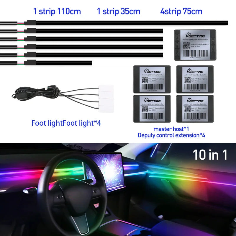 Full Color Streamer Car Ambient Lights RGB 64 Color LED Interior Hidden